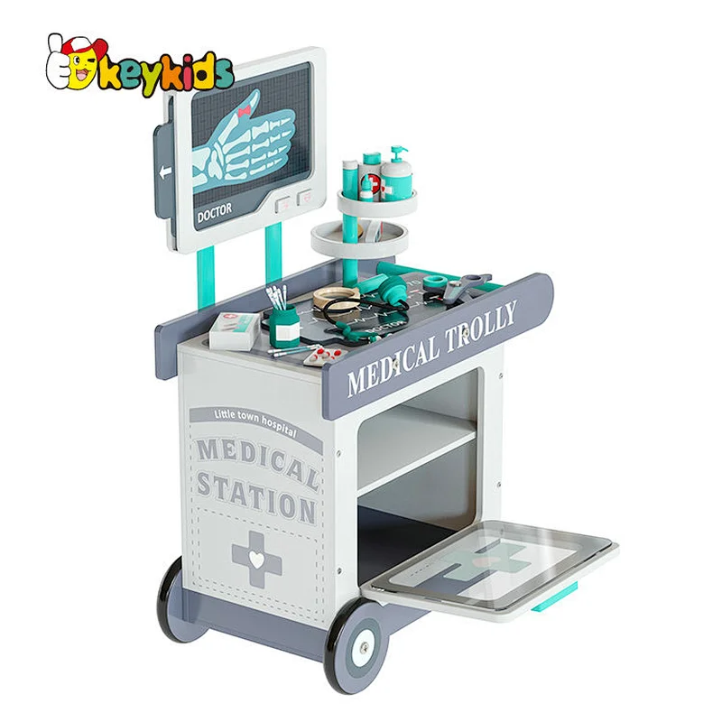 Factory OEM simulated doctor playsets wooden medical cart toy for kids W10D614